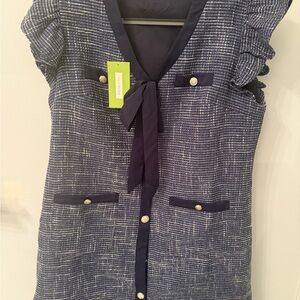 Navy and White Tweed Dress with Button Accents